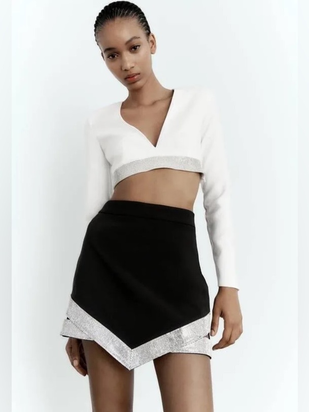 Zara Black Rhinestone Asymmetrical Mini Skirt - Size Small